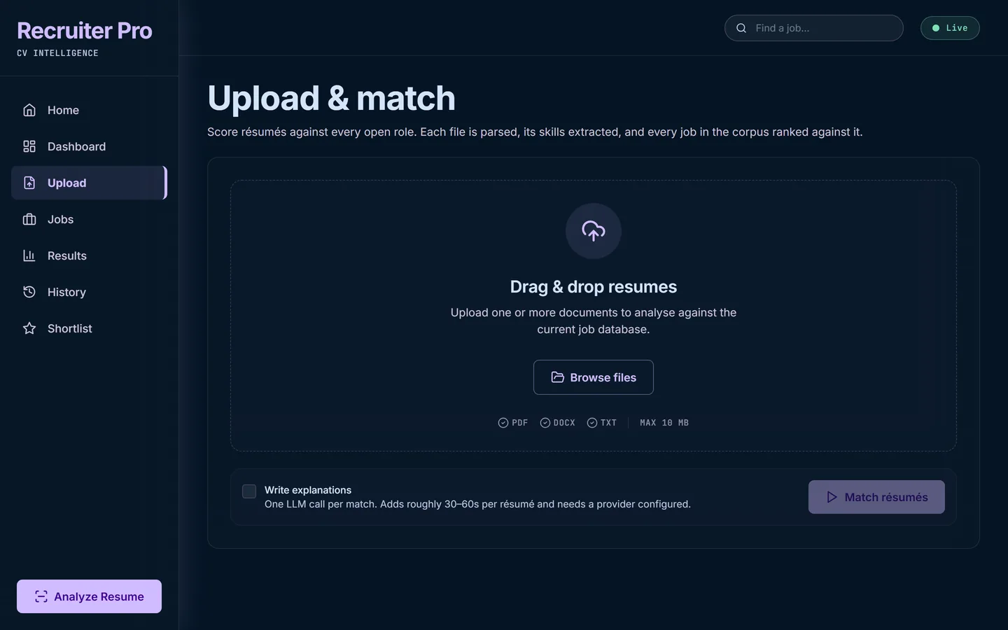 The upload page with its drag and drop area