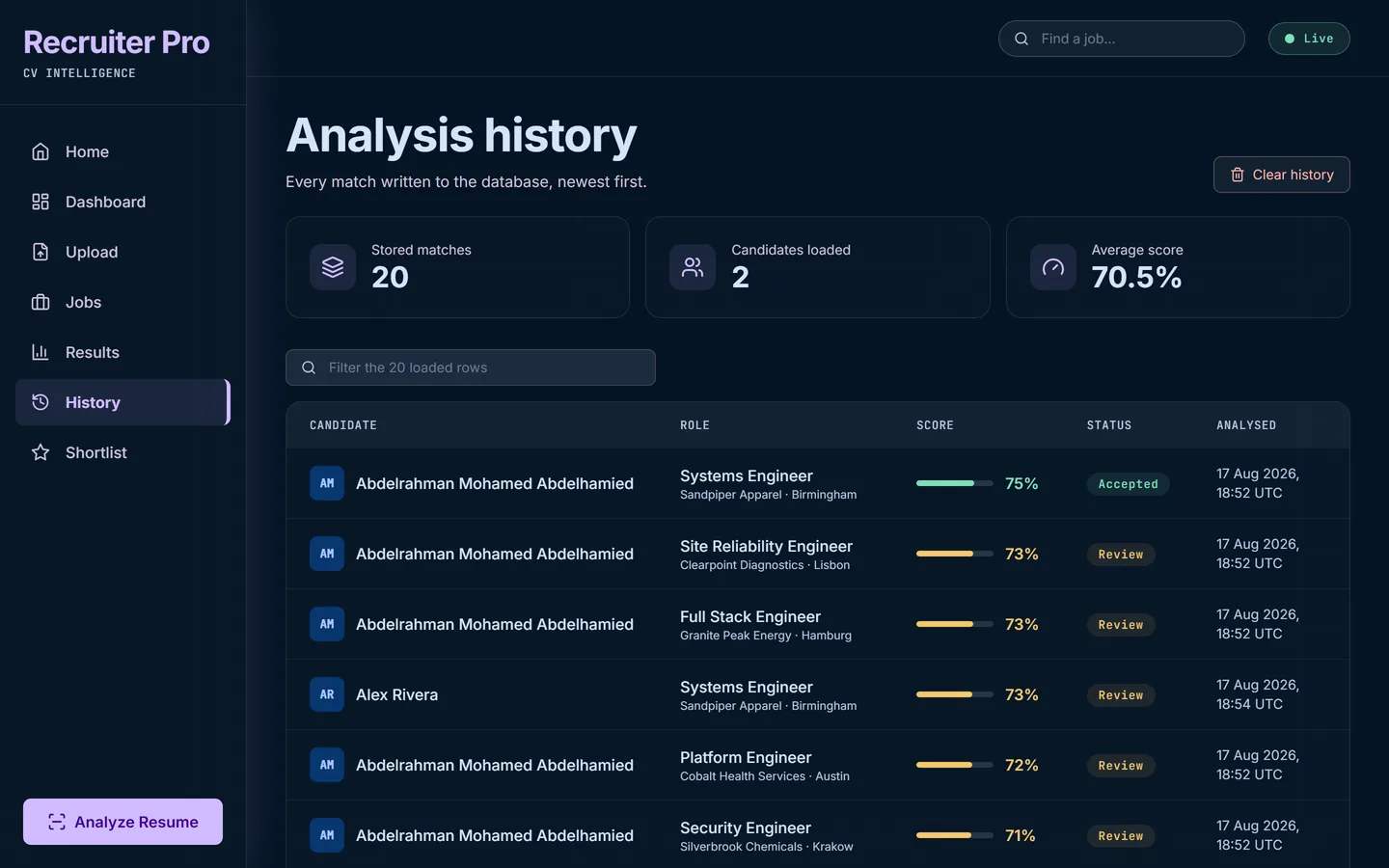Match history listing stored matches