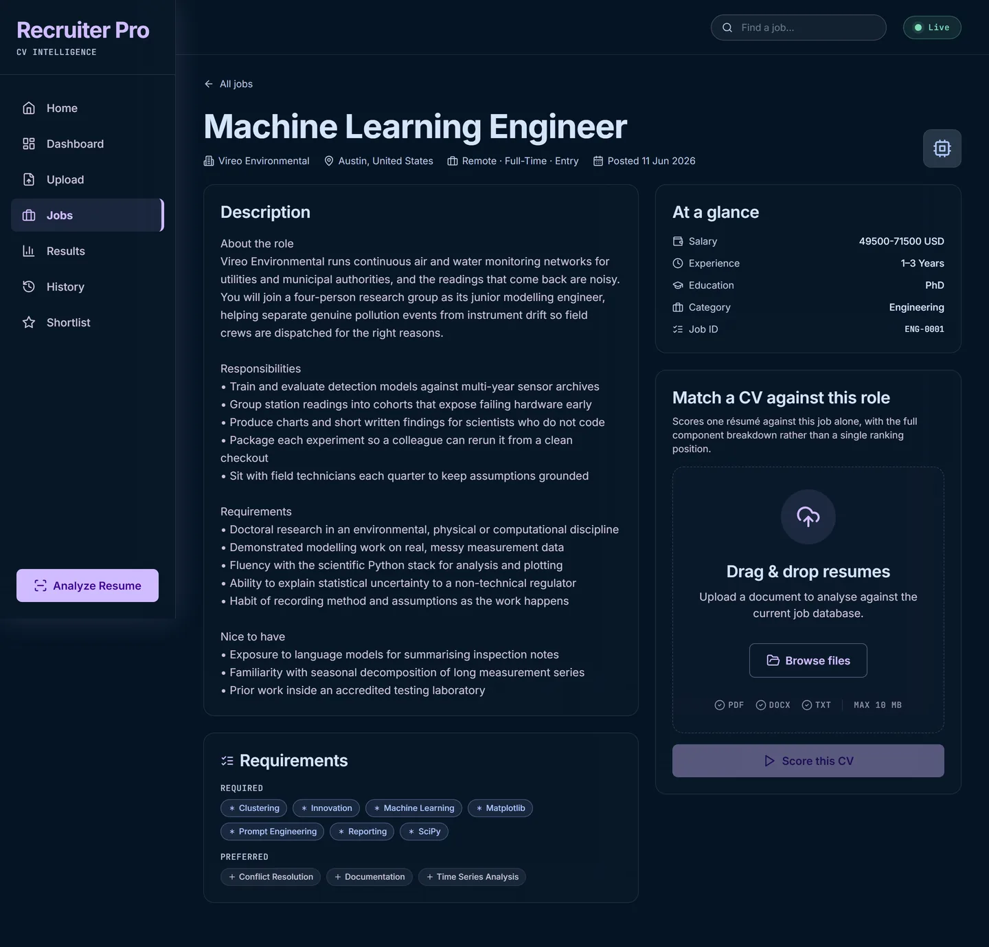 Job detail page for a Machine Learning Engineer role